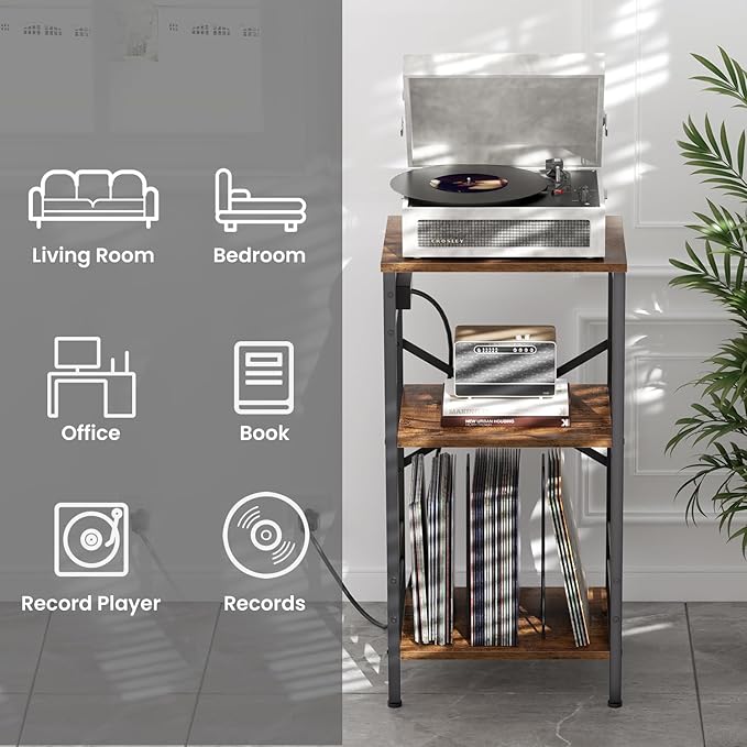 Record Player Stand with Charging Station, 3-Tier End Table with LED Light, Side Table Nightstand for Vinyl Storage,Tall Beside Tables Turntable Stand Living Room, Bedroom, Rustic Brown