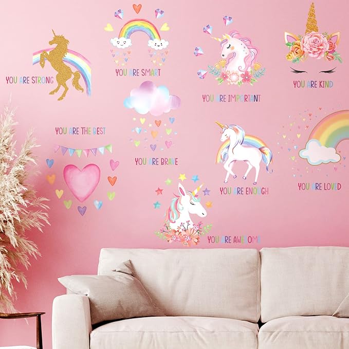 Epakh 9 Pieces Unicorn Wall Decals Stickers Unicorn Room Decor for Girls Bedroom Rainbow Posters Stickers Removable Inspirational Wall Decals for Little Girls Kids Birthday Party Baby Nursery