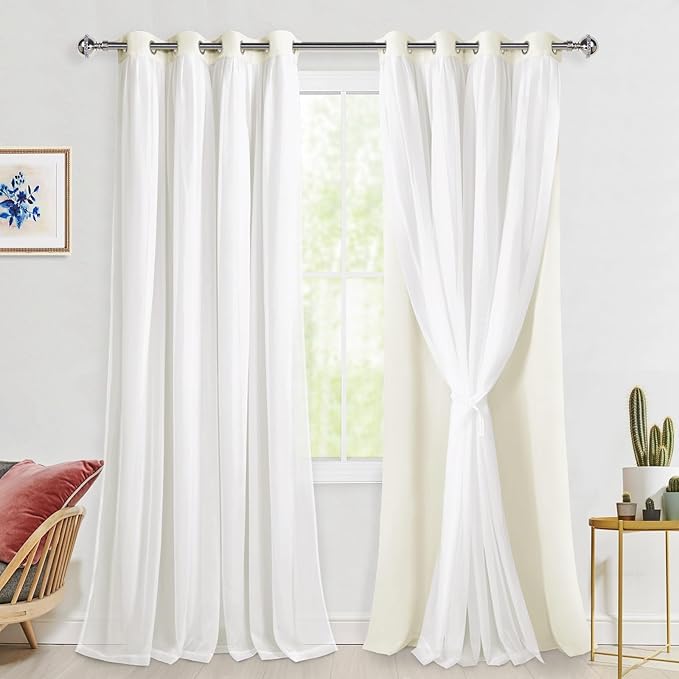Hiasan Double Layer Blackout Curtains with Sheer Overlay, Extra Long Mix & Match Thermal Insulated Grommet Window Curtains for Bedroom, Living Room, 2 Panels with Tiebacks, Ivory, 52W X 108L