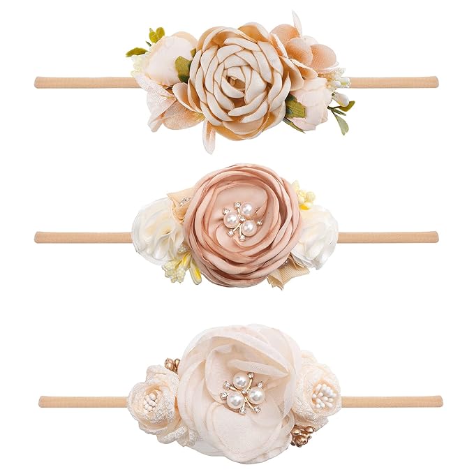 Baby Girl Floral Headband Nylon Flower Crown Elastic Hairband 3pcs Hair Accessories Gift for Girls，stretchy size 3pcs/set