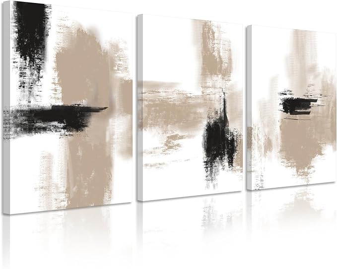 Beige Abstract Wall Art Painting Set of 3 Framed Neutral Canvas Wall Art Prints Black Beige Modern Wall Decor Minimalist Art Pictures Abstract Modern Artwork for Room Bedroom 16x24 Inch