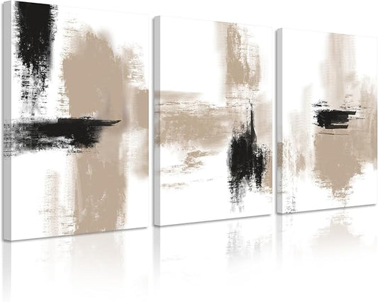 Beige Abstract Wall Art Painting Set of 3 Framed Neutral Canvas Wall Art Prints Black Beige Modern Wall Decor Minimalist Art Pictures Abstract Modern Artwork for Room Bedroom 16x24 Inch