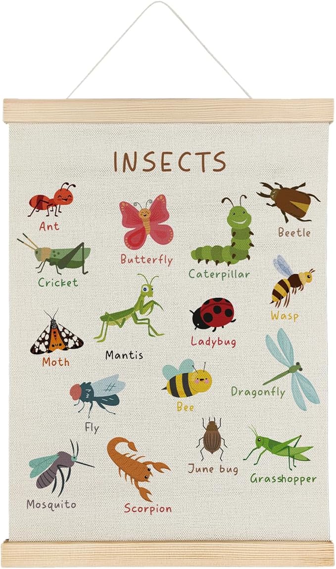 SereneHanctuary Insect Animal Wall Art,Animal Nursery Wall Decor, Boho Insects Educational Poster Hanger Frame for Toddler Kids Bedroom Nursery Playroom Classroom Decor,12x16 Inches