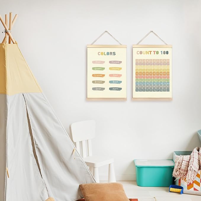 CGBHW Boho Educational Poster Hanger Frame Set of 2, Color Count to 100 Number Learning Posters Wall Art Hanging Decor for Classroom Nursery Kids Room Playroom Preschool，12x16Inch