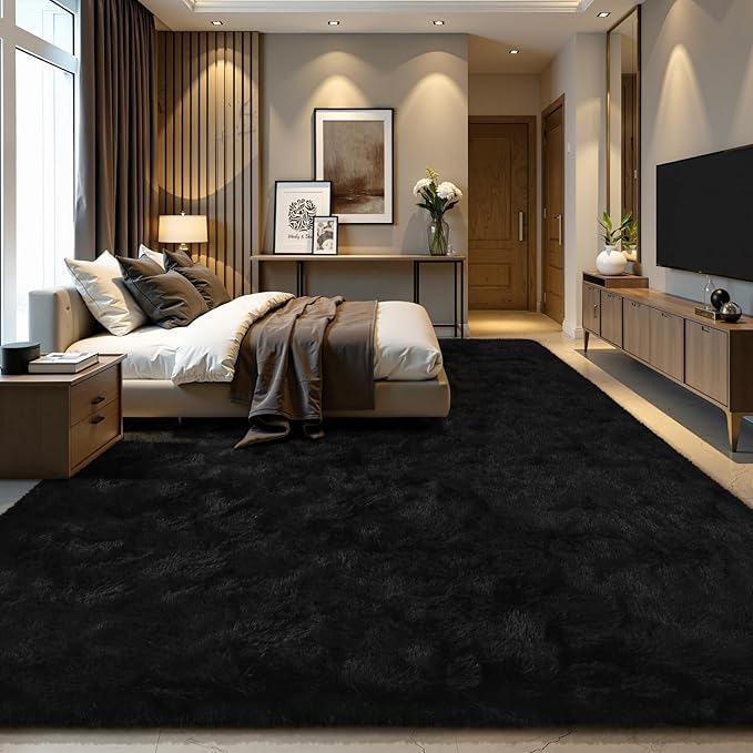 EVOIONOS 5x7 Washable Large Area Rug for Living Room, Fluffy Shag Rug for Bedroom, Ultra Soft Plush Non Slip Carpet for Indoor Floor Bedside Nursery Kids Girls Room Dorm, Home Decor Aesthetic, Black