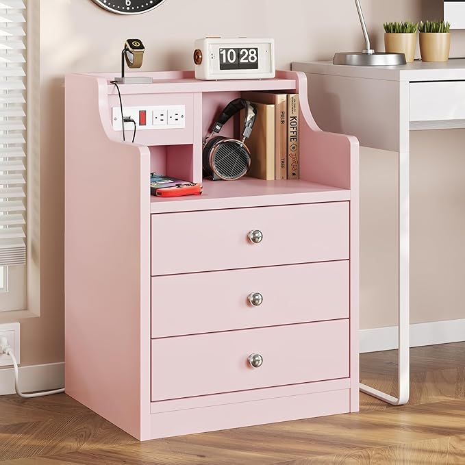 ADORNEVE Night Stand Set 2,Pink Nightstand with Charging Station & Hutch,Night Stands for Bedrooms Set of 2,Bedside Table with Drawers