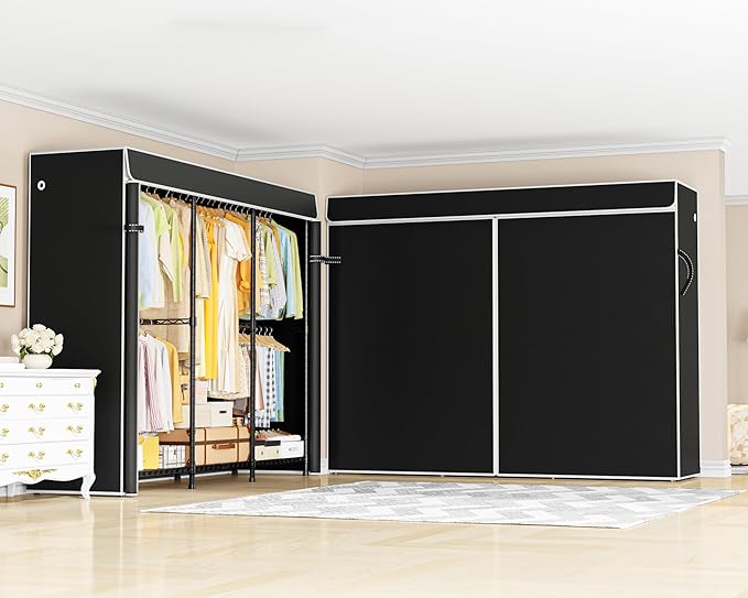E14C Heavy Duty Closet Organizer System，Freestanding Clothing Racks for Hanging Clothes，Adjustable Garment Rack 70.1" W × 16.6" D × 76.4" H Hold 960 lbs，Black Rack with Black Dustproof Cover
