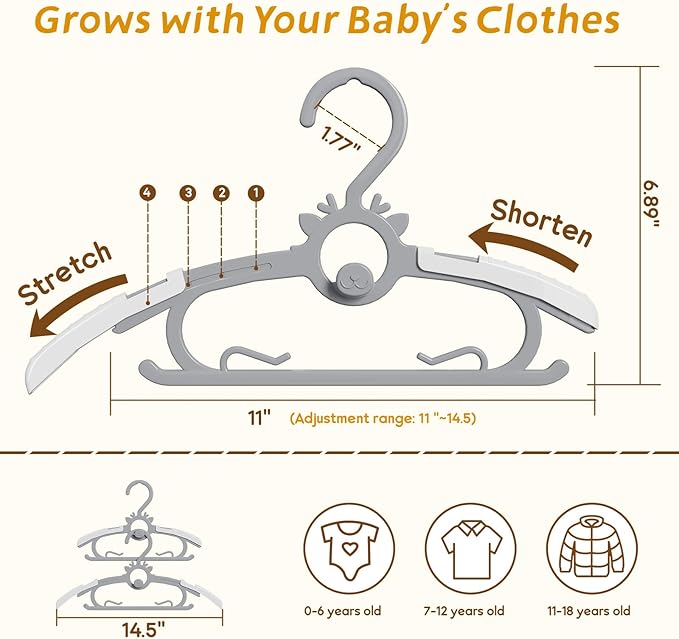 Kids Hangers 30PCS, 11"-14" Extendable and Stackable Baby Hangers, 45g Ultra-Thick Space Saving Non-Slip Plastic Hanger for Infant, Toddler and Nursery Closet, Gray