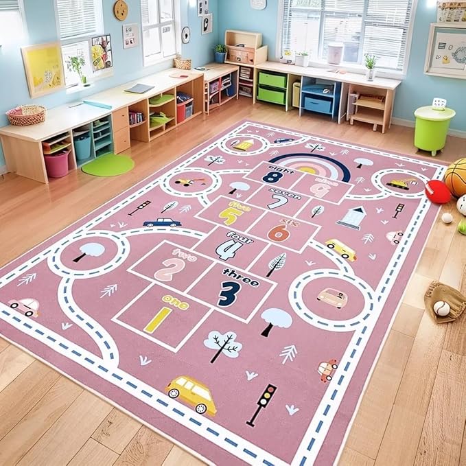 Hopscotch Kids Rug Carpet 7x10Ft Pink Car Road Play Mat for Girls Boys Classroom Bedroom Playroom Living Room, Educational & Learning, Large, Washable Children Preschool Rug, 6.6x9.8Ft