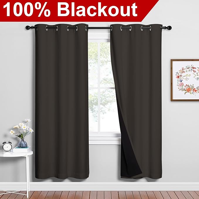 NICETOWN 100% Blackout Window Curtain Panels, Brown, 2 Pieces, 42-inch Wide Per Panel, Full Light Blocking Drapes with Black Liner for Nursery, 72-inch Drop Thermal Insulated Draperies
