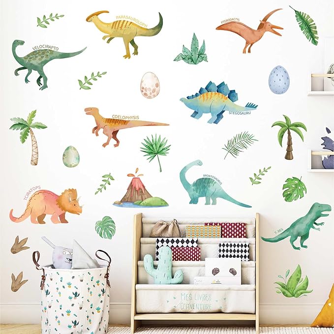 Wall Decals for Kids Room - Self Adhesive Removable Dino Palm Tree Wall Stickers, Jungle Nursery Bedroom Playroom Classroom Decor, Easy Peel & Stick Boys/Girls Home Art