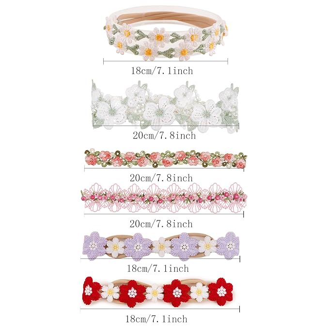 cherrboll Baby Flower Bows Headbands 6pcs Floral Hair Wraps Nylon Hairbands Crown Newborn Infant Toddler Hair Accessories
