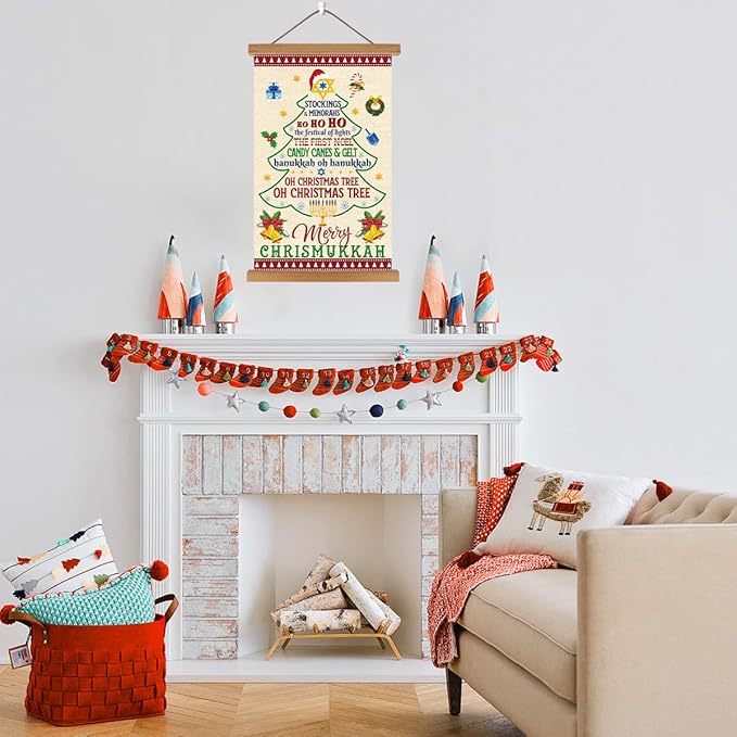 KAIRNE Merry Christmas Wall Art,Colorful Christmas Tree Poster(13.7X22 inch),Hanukkah Wall Decor with Wood Magnetic Hanger,Christmas Gifts for Holiday Party Living Room Bedroom Office Coffee Decor