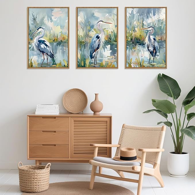 HLNIUC Great Blue Heron Wall Art Set of 3, Watercolor Coastal Bird Wall Decor(24x36), Wildlife Animal Illustrations Canvas Painting, Modern Boho Nature Avian Art Prints for Living Room,Bedroom, Office