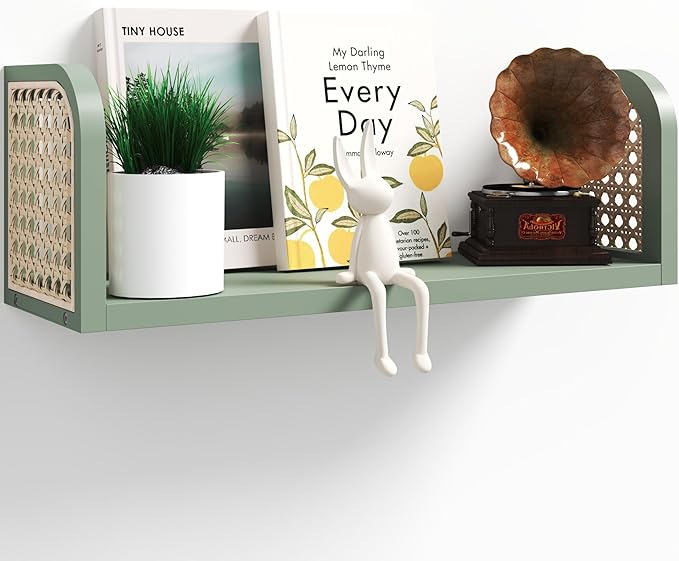 Green Rattan Wall Shelf, Wooden Hanging Bookshelf Storage, Cute Nursery Shelves Wall Mounted, Boho Decorative Floating Shelves for Kids Room, Living Room, Play Room, Bedroom
