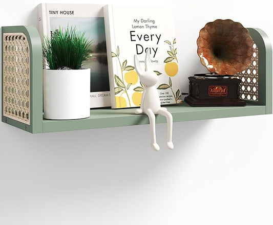 Green Rattan Wall Shelf, Wooden Hanging Bookshelf Storage, Cute Nursery Shelves Wall Mounted, Boho Decorative Floating Shelves for Kids Room, Living Room, Play Room, Bedroom