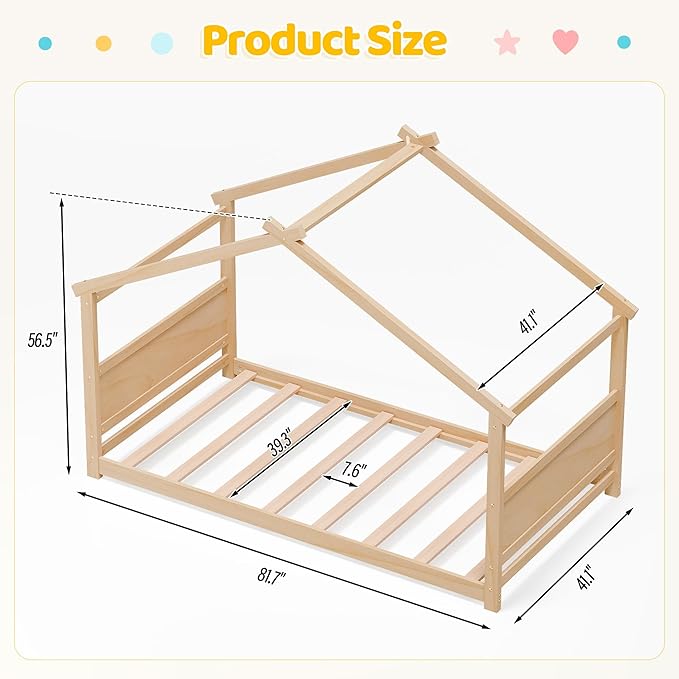 Twin House Bed, Montessori Floor Bed with Headboard & Footboard, Solid Wood Bed Frame for Toddlers Teens Bedroom, No Box Spring Needed, Natural