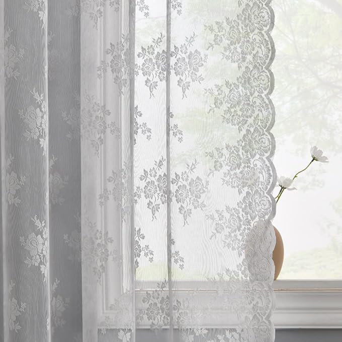 Kotile Grey Floral Sheer Curtains 96 Inches Long - Country Floral Patterned Vintage Lace Curtains for Living Room, Scalloped Edge Privacy Lace Sheer Window Curtains, 52 x 96 Inch, 2 Panels, Grey