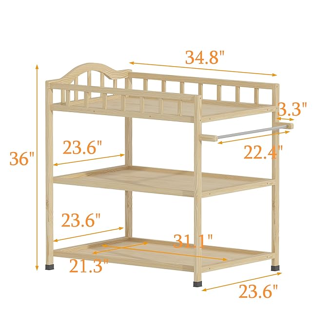 Paintless Pine Wood Baby Changing Table with Storage Shelves, Portable Nursery Diaper Changing Station for Infants, Children's Room, Bedroom, Nursery Changing & Dressing Furniture,Natural