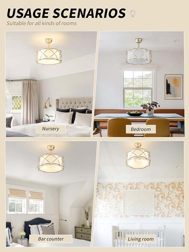 20" Gold Fandelier Ceiling Fan with Light, Fabric Boho Chandelier Ceiling Fans with Lights Remote Control, Mid-Century Modern Caged with 6 Speeds for Bedroom, Nursery