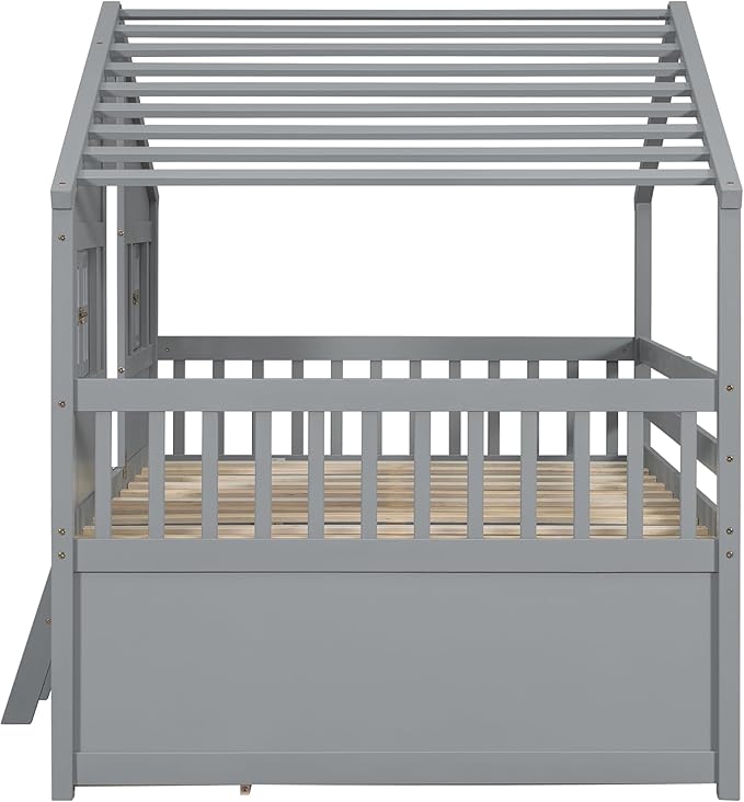 Harper & Bright Designs Full Size House Loft Bed with 4 Storage Drawers, Low House Montessori Bed with Roof and Windows, Safety Guardrails for Kids, Girls, Boys, Grey