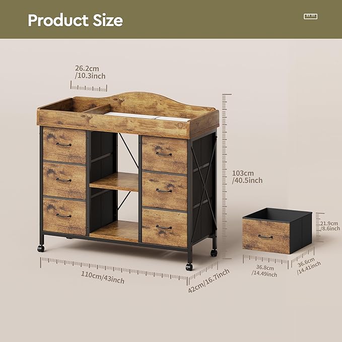 Changing Table, 6-Drawer Baby Dresser with Changing Table top,Waterproof Diaper Changing Station & Pad, 2 Height-Adjustable Open Storage Shelves, Mobile Nursery Organizer, Rustic Brown