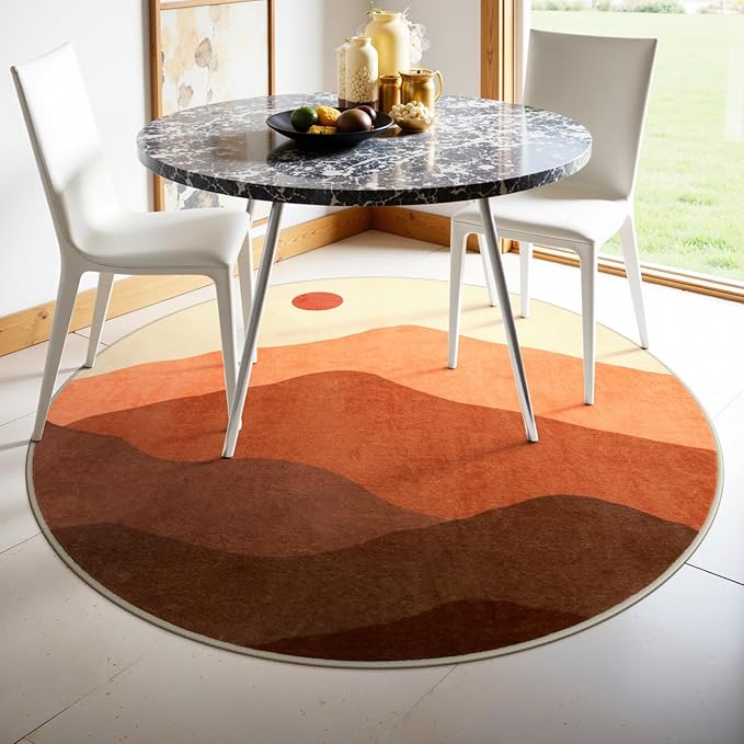 Round Area Rug 4ft, Mountain Circle Rug Print Round Kitchen Rugs Non Slip Washable Entryway Rug, Low Pile Soft Circular Carpet for Living Room Bedroom Decor(Brunt Orange)