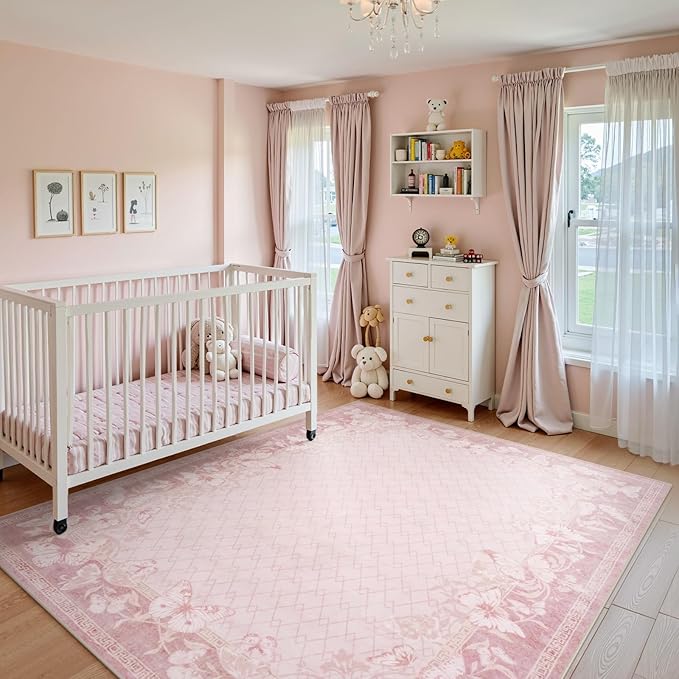 STARUIA Washable 8x10 Area Rugs for Living Room, Pink Rugs for Bedroom Girls, Non-Slip Soft Butterfly Rug Dining Room Non-Shedding Large Carpet for Nursery Dorm Office Indoor Decor (Pink,8'x10')