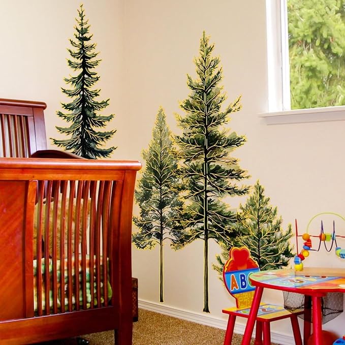 38.5" Pine Tree Wall Stickers Green Tree Wall Decal Gold Stamping 3 Sheets Peel and Stick Wall Decals for Living Room Classroom Party Festival Decoration Supplies (Gold Pine Trees)