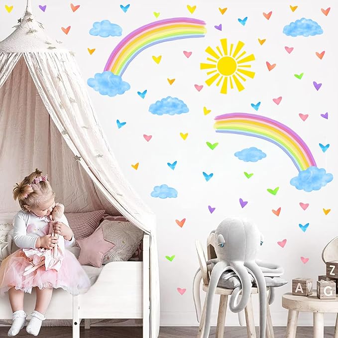 Colorful Rainbow Wall Stickers Watercolor Sun Clouds Wall Decals Cute Hearts Stickers for Girls Removable Peel and Stick Large Rainbow Decals for Girls Kids Room Nursery Classroom Decor