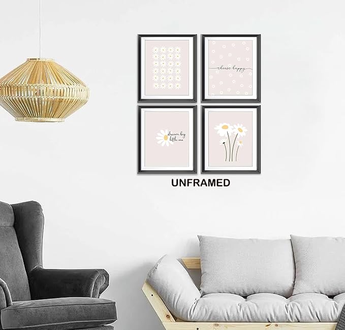 AEHIE Boho Daisy Flower Decor Wall Art Print, Inspirational Wall Decor for Girls Room, Blush Pink Floral Room Decor, 4pcs 8x10inch