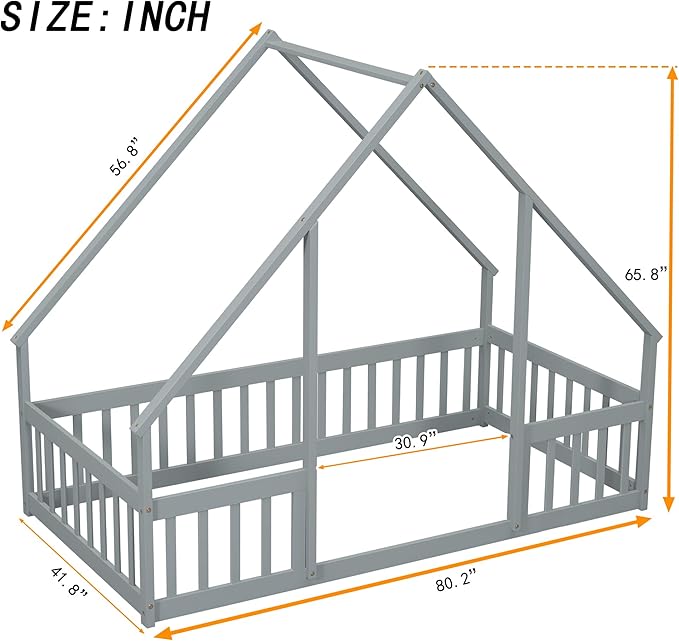 Bellemave Twin Floor Bed for Kids, Girls, Boys, Wood House Bed Frame, House Floor Bed, Twin Size Montessori Floor Bed with Fence, Playhouse, Gray