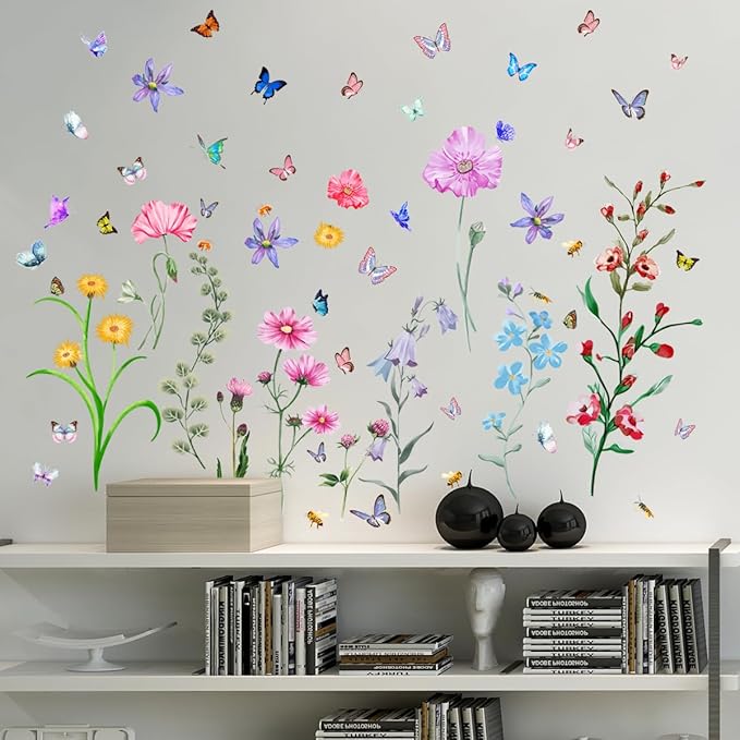 6 Pieces Flowers Wall Decals Vinyl Floral Wall Stickers Removable Floral Murals Peel and Stick Colorful Flower Decor for Girls Bedroom Living Room Nursery (Colorful)