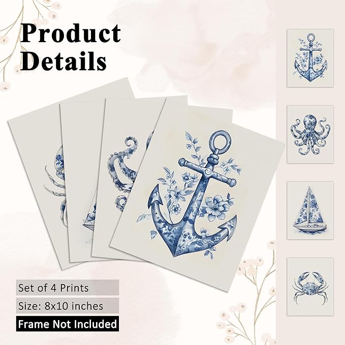 OFJE Coastal Beach Wall Art Decor Prints Set of 4, Chinoiserie Marine Biology Crab Sailboat Anchor Octopus Wall Art Posters Decor for Home Bedroom Living Room, 8x10 Unframed