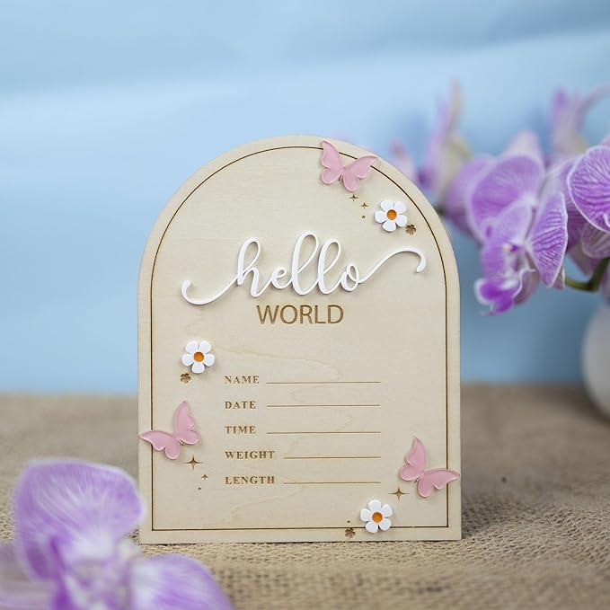 Baby Announcement Sign 6.5 Inch Wooden Hello World Newborn Welcome Sign Birth Name Plaques for Photo Props Shower Hospital Nursery (Butterfly)