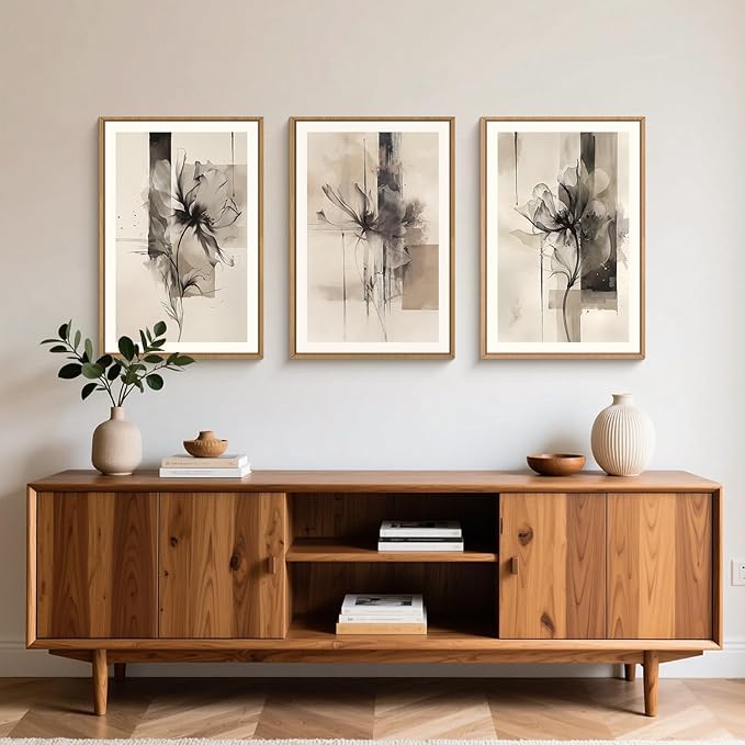 FWIEXA Black Beige Floral Canvas Wall Art Set 3, Neutral Abstract Florals Framed Prints, Brushstroke Geometry Line Paintings, 24x36In Watercolor Ink Artwork Poster for Farmhouse, Living Room, Bedroom, Office