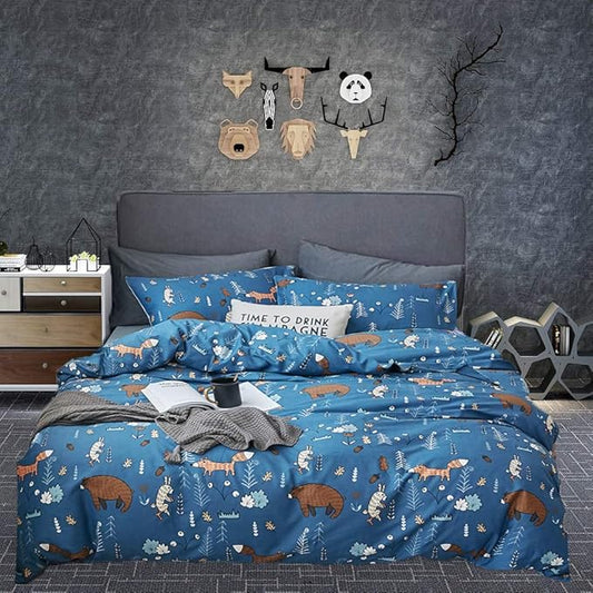 Houseri Blue Bear Animal Print Duvet Cover Set Queen Full - 3 Pcs (Duvet Cover, 2 Pillowcases) - Modern Rustic, Unisex - Cotton, 200 Thread Count - Machine Washable