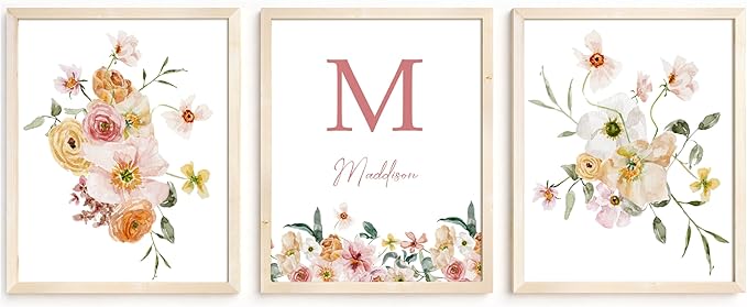 Personalized Name Flower Nursery Wall Art Prints, Crib & Nursery décor, Newborn Baby Girl Gift Present, Floral Baby Girl Room Pictures, Poster For Baby And Kids (3 Prints, Flower 8)