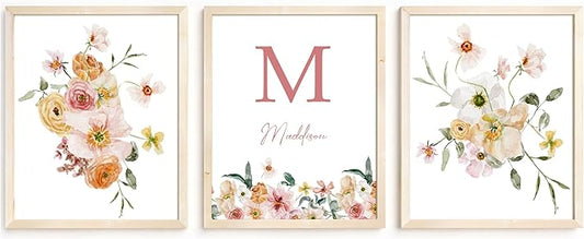 Personalized Name Flower Nursery Wall Art Prints, Crib & Nursery décor, Newborn Baby Girl Gift Present, Floral Baby Girl Room Pictures, Poster For Baby And Kids (3 Prints, Flower 8)