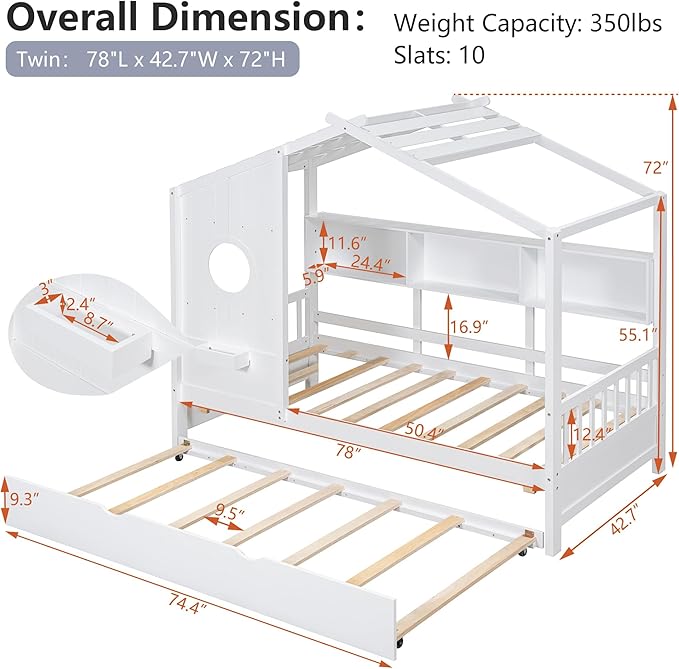 Twin Bed Frames for Kids, House Bed with Trundle and Shelves, Wood Playhouse Platform Bed Frame with Window and Fence for Boys Girls, White, 74.4" L x 42.7" W x 72" H