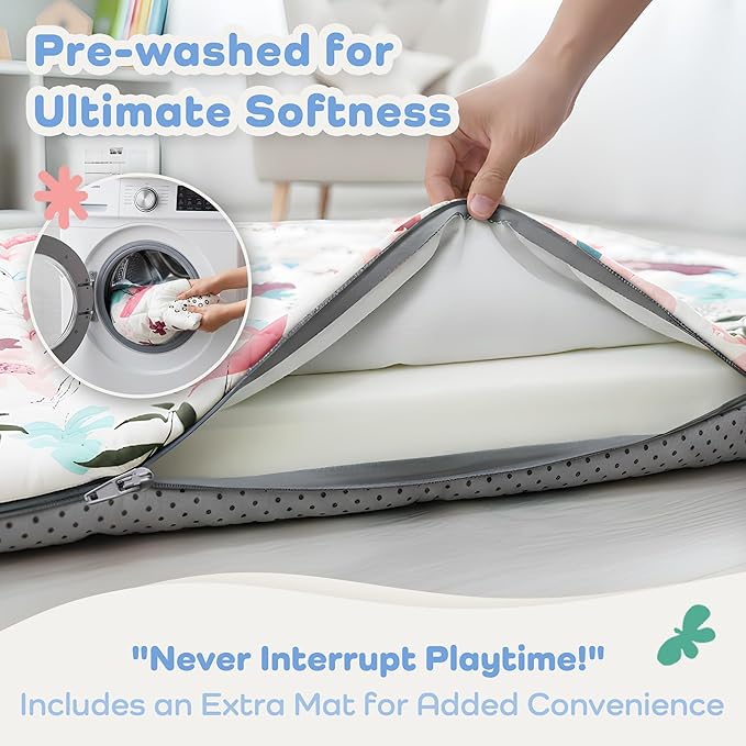 1.5" Thicker Baby Play Mat for Floor, 50x50 Removable & Machine Washable Cover Playpen Mat Softness Foam Mats, Easy-Clean Hygienic, Comfort Safety Kids Crawling Living Room (Floral)