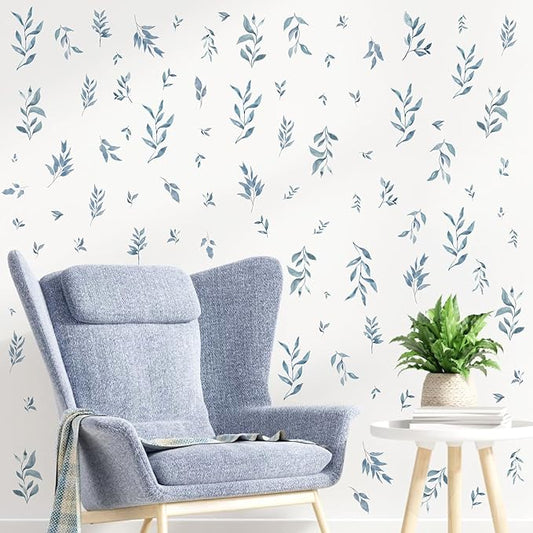 Watercolor Leaves Wall Stickers Blue Country Leaf Wall Decals Peel and Stick Small Tree Leaf Wall Stickers Removable Botanical Plant Leaves Wall Decals for Bedroom Living Room Decor