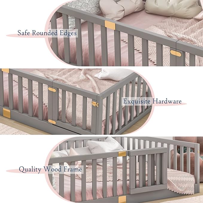 Tatub Full Montessori Floor Bed with High Rails, Solid Wood Montessori Bed Frame for Kids, Door Can Install Left and Right, Full-Grey