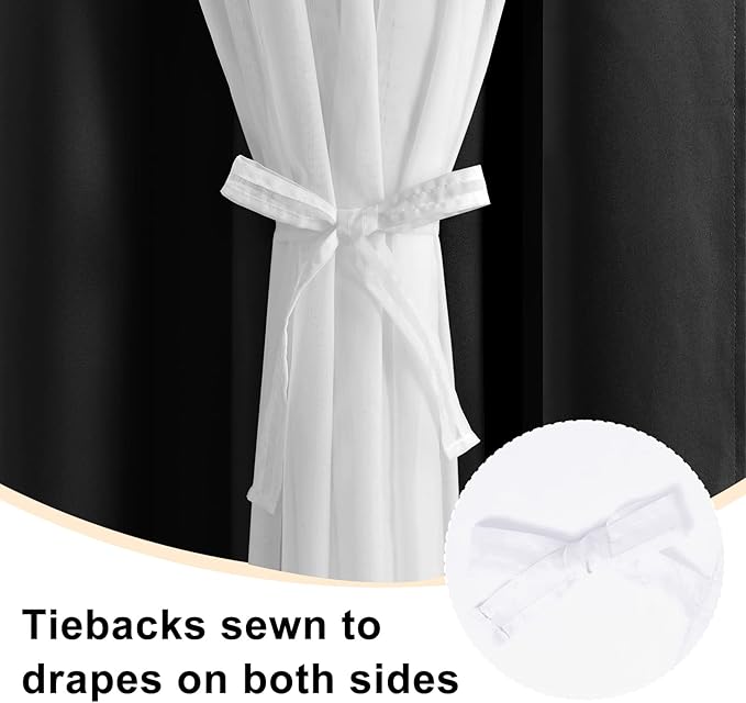 Hiasan Blackout Curtains with Sheer Overlay, Grommet Thermal Insulated Privacy Mix and Match Double Layer Window Curtains for Girls Bedroom, Living Room, 2 Drape Panels with Tiebacks, Black, 42W X 63L