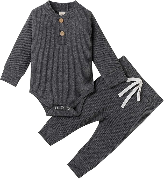 Newborn Baby Boy Girl Clothes Ribbed Knitted Cotton Long Sleeve Romper Long Pants Solid Color Fall Winter Outfits