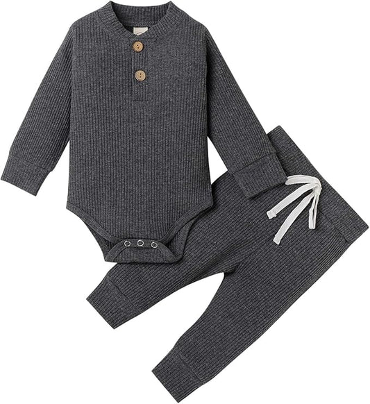 Newborn Baby Boy Girl Clothes Ribbed Knitted Cotton Long Sleeve Romper Long Pants Solid Color Fall Winter Outfits