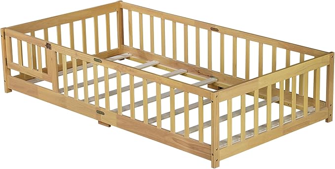 Twin Size Floor Bed for Kids, Wood Montessori Floor Beds with Fence Railings, Door & Slats Support, Twin Playhouse Bed Frame for Boys Girls, No Box Spring Needed, Natural