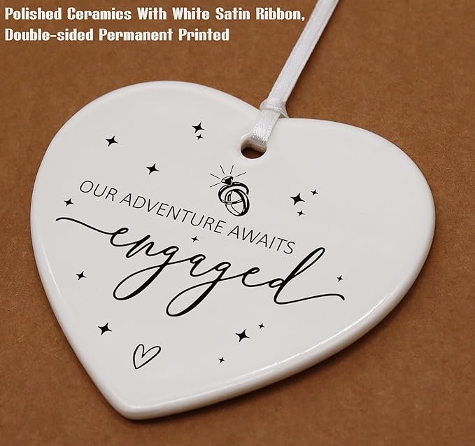 Heart Shaped Christmas Ornament-Engagement Gift for Bride and Groom-Newly Engaged Couple Wedding Present-Our Adventure Awaits Engagement Anniversary Keepsake with Gift Box