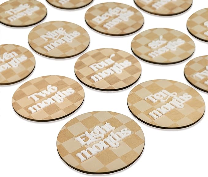 Wooden 3D Baby Monthly Milestone Cards Monthly Milestone Discs Newborn Photography Props Baby Announcement Sign Baby (Checkered)