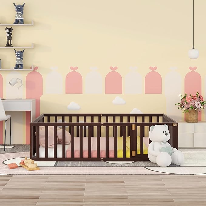 Merax Queen Floor Bed with Safety Guardrails and Door, Wood Montessori Floor Bed Frame for Kids, Queen Playhouse Bed Frame for Baby Girls and Boys, Walnut
